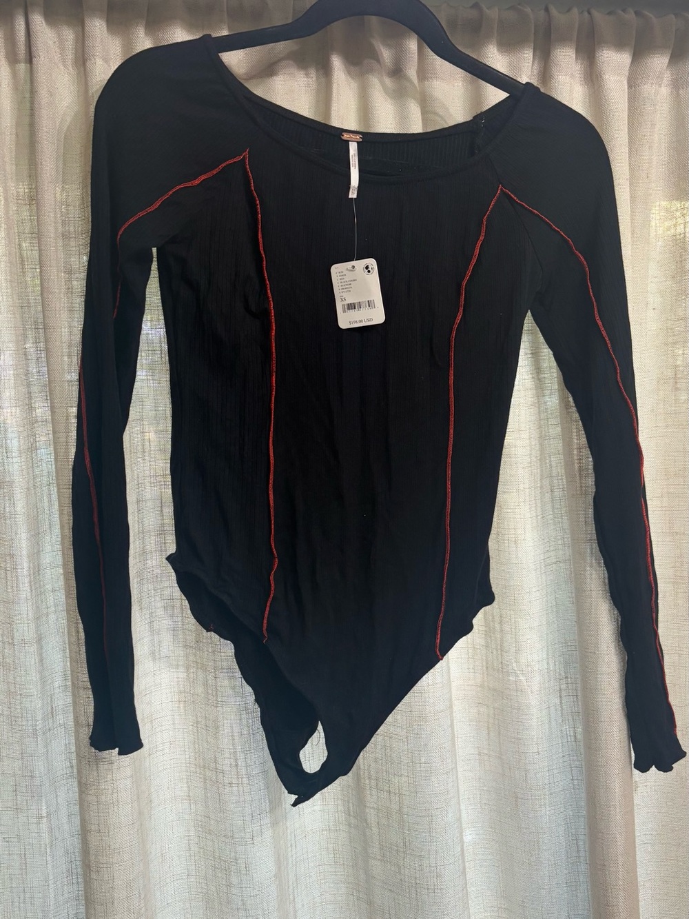 Free People Black Ribbed Long-Sleeve Bodysuit with Red Contrast Stitching
